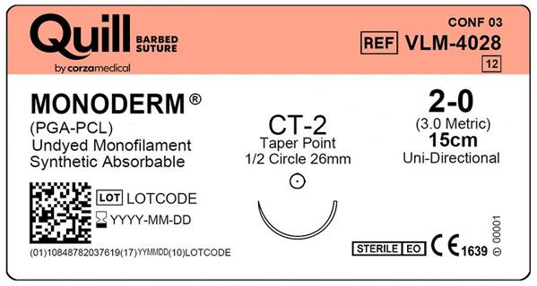 Монодерм (Monoderm), незабарвлений, 2-0,15см (cm), колюча голка (Taper Point), CT-2 (26мм (mm) 1/2 кола), односпрямований